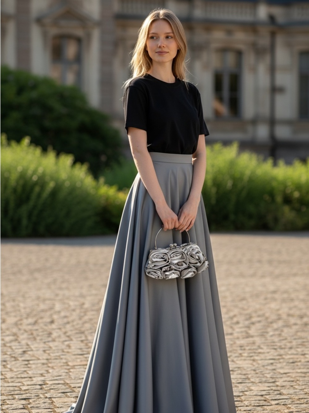 Elegant Silver Rose Satin Evening Clutch - Women Bags